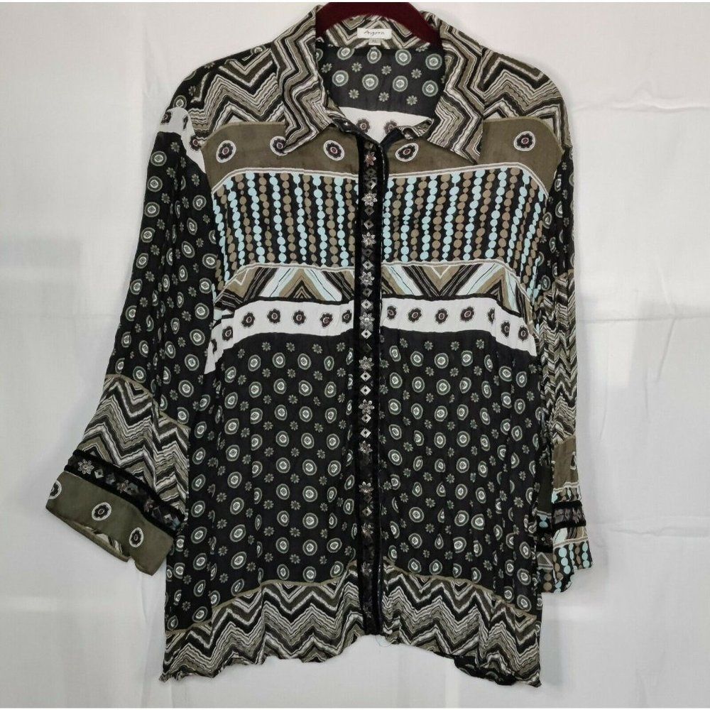 Agora Womens Top Blouse Snap Button Front Long Sleeve‎ Collared Size XL